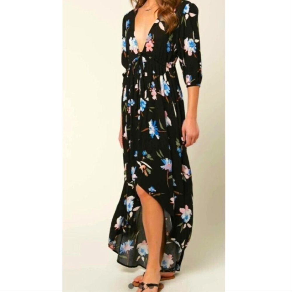 O'NEILL Black and Blue Casual V-Neck Maxi Sundress Size Small